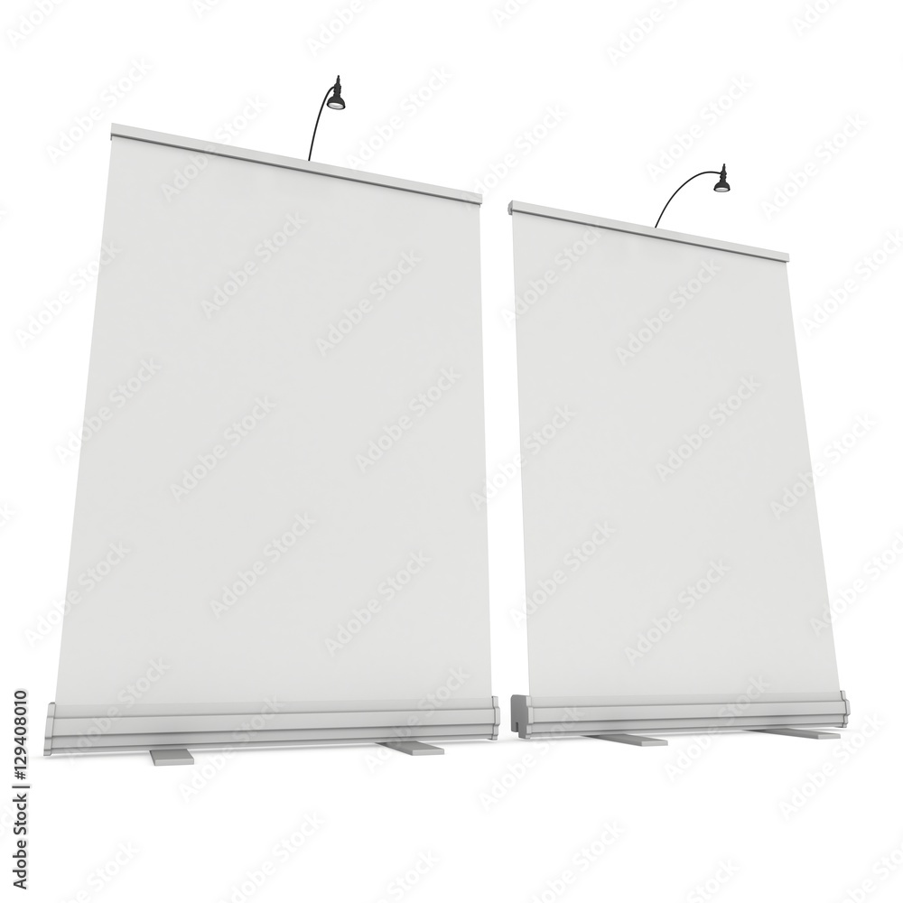 Blank Roll Up Banner Stand. Trade show booth white and blank. 3d render isolated on white background. High Resolution Template for your design. Blank Roll Up Banner Stand. Trade show booth white and blank. 3d render isolated on white background. High Resolution Template for your design.