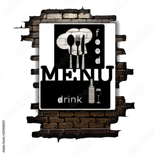 Cover template restaurant menu food and drink in the doorway of an old brick wall. The isolated image on a white background can be used with any text or background.