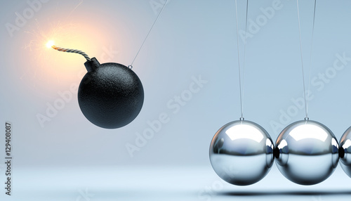  3d image of a classic newton cradle pendulum. nobody around. business concept and flowing time. the first ball is a bomb that is about to explode. lack of time.