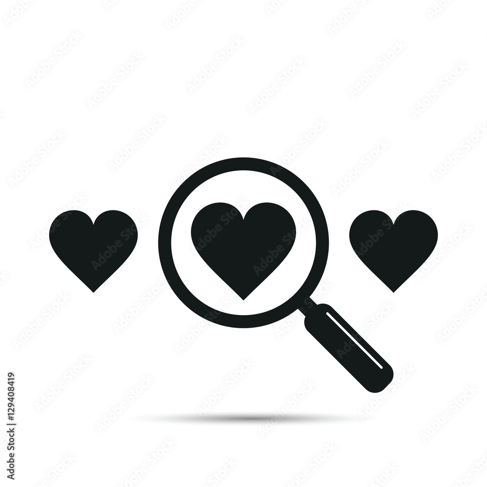 Search heart and love icon, vector. Find one heart among other. Magnifying glass with heart inside. Dating illustration. Search heart and love icon, vector. Find one heart among other. Magnifying glass with heart inside. Dating illustration.