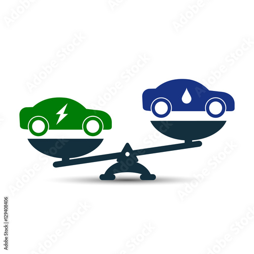 Illustration of comparison between electric eco car and gasoline car. Electric car and fuel car on scales. Demonstration of the advantage or benefit. Fuel gas car versus electric car, vector concept.