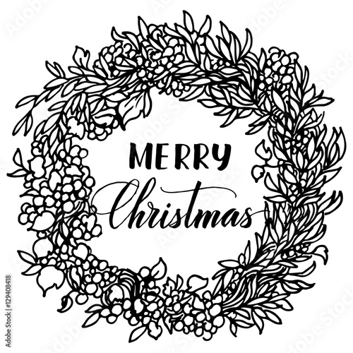Hand drawn bushy flourish festive wreath, floral sketch isolated on white background. With Merry Christmas lettering. Modern calligraphy design.