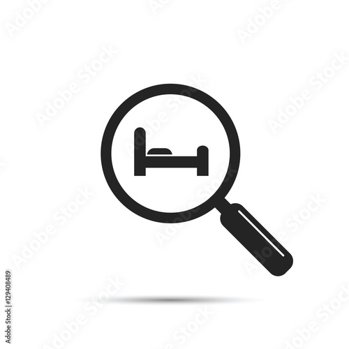 Search hotel icon, vector. Hotel and magnifying glass illustration.