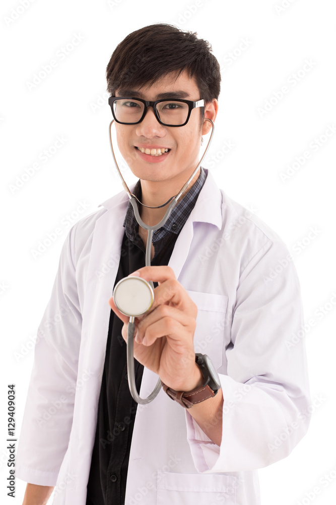 Doctor holding stethoscope on white background. Asian male model Doctor holding stethoscope on white background. Asian male model