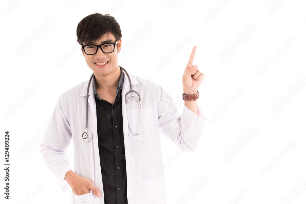 A portrait of a happy male doctor pointing at a copy space. Asia A portrait of a happy male doctor pointing at a copy space. Asia