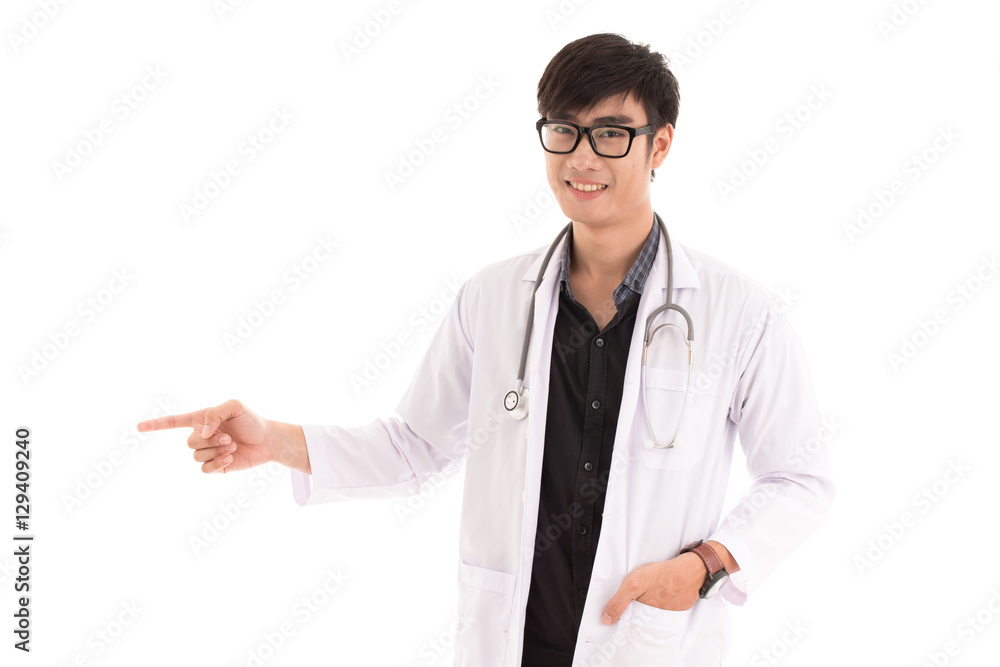 A portrait of a happy male doctor pointing at a copy space. Asia A portrait of a happy male doctor pointing at a copy space. Asia