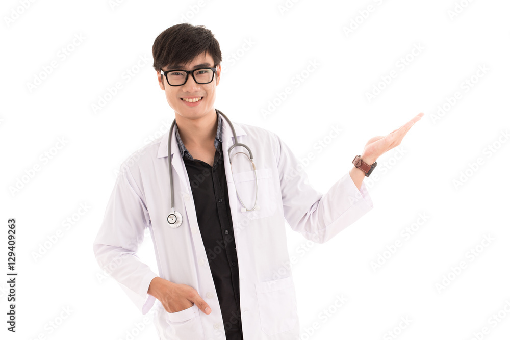 A portrait of a happy male doctor pointing at a copy space. Asia A portrait of a happy male doctor pointing at a copy space. Asia