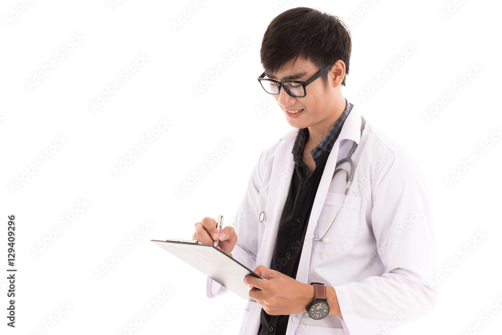 Male Doctor standing with folder, isolated on white background. Male Doctor standing with folder, isolated on white background.