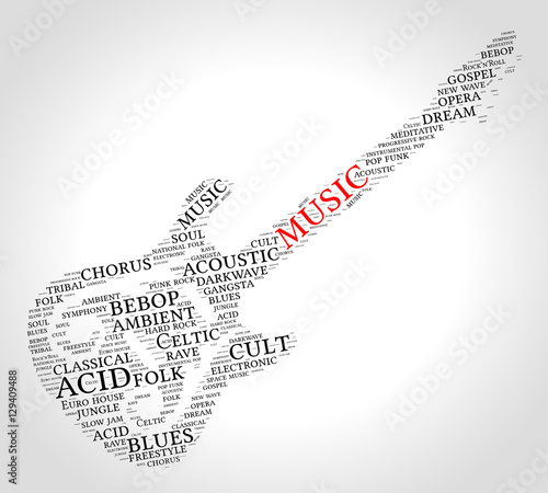Music. Word cloud, guitar, gradient grey background. Music concept.