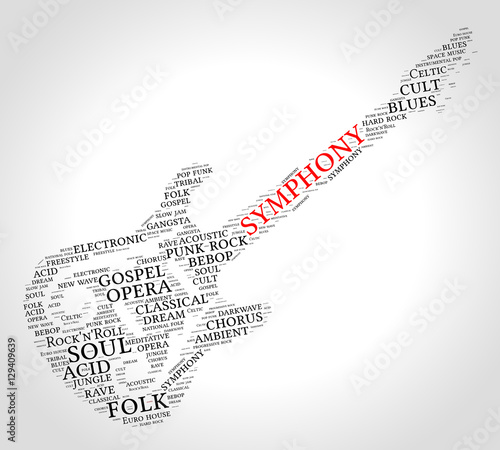Symphony. Word cloud, guitar, gradient grey background. Music concept.