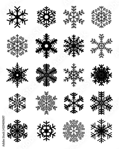 Set of different black snowflakes on a white background