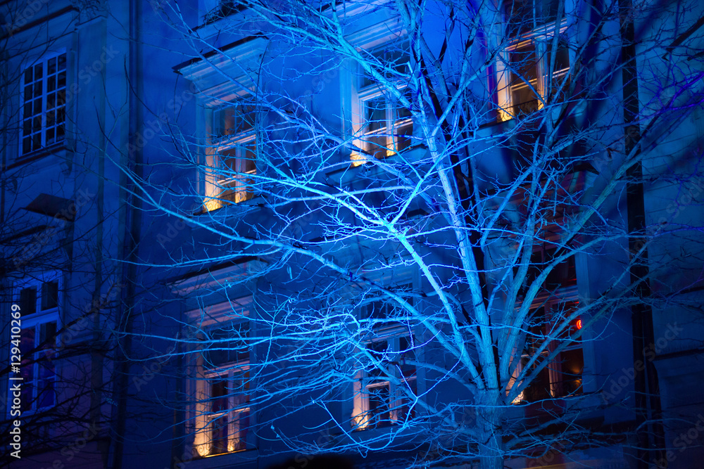 Blue night lights of the Krakow buildings during the holidays.