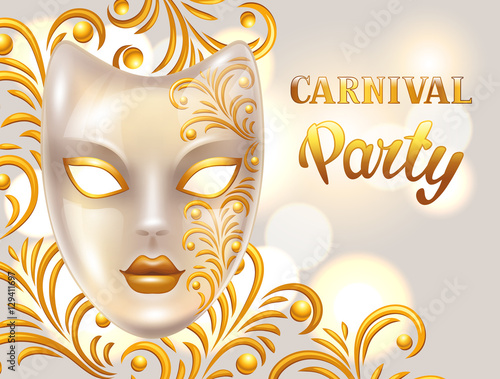 Carnival invitation card with venetian mask decorated golden ornaments. Celebration party background