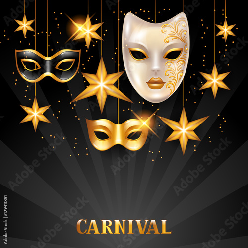 Carnival invitation card with golden masks and stars. Celebration party background