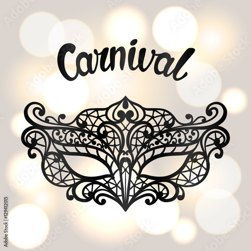 Carnival invitation card with black lace mask. Celebration party background