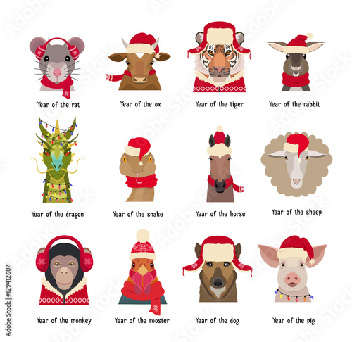 Vector animal Heads in red caps scarfs. Chinese horoscope symbols