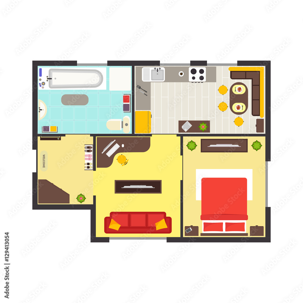 Apartment Floor Plan with Furniture Top View. Vector Stock Vector