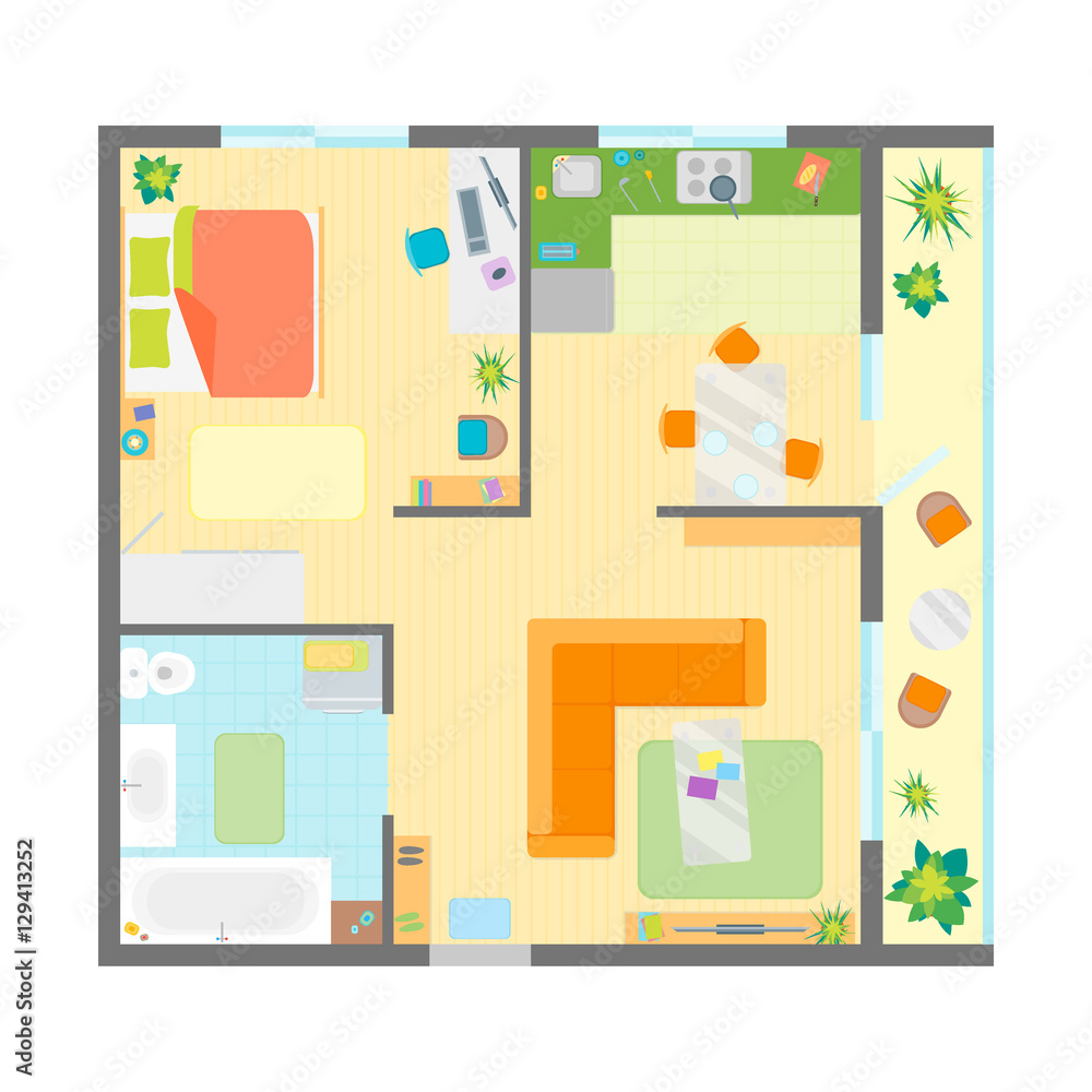 Apartment Floor Plan with Furniture Top View. Vector Apartment Floor Plan with Furniture Top View. Vector
