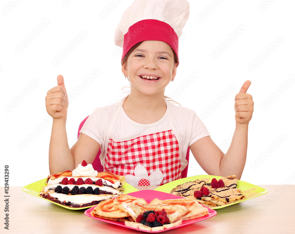 happy little girl cook with crepes and thumbs up happy little girl cook with crepes and thumbs up