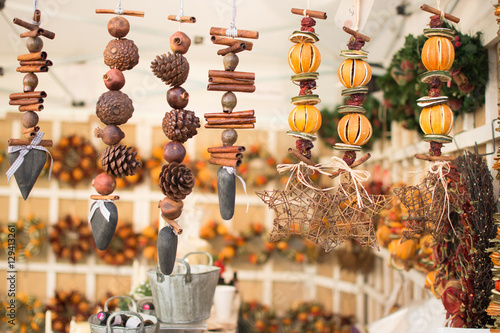 Handmade Christmas decorations, hanging garlands, selective focus photo