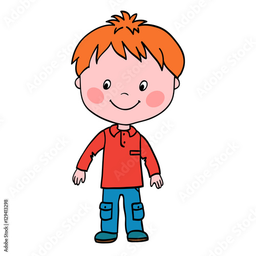 Boy stands and looks in the lower right corner