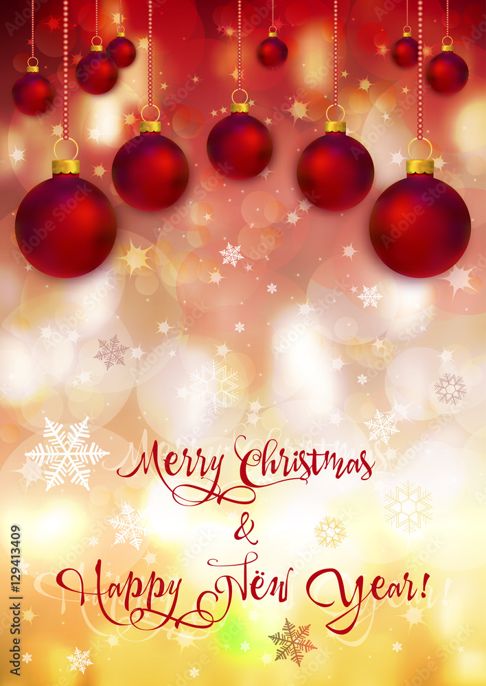 Holiday card with red christmas balls for greeting with New Year and Christmas on red yellow blurred background with bokeh, sparkles and snowflakes. Vector illustration