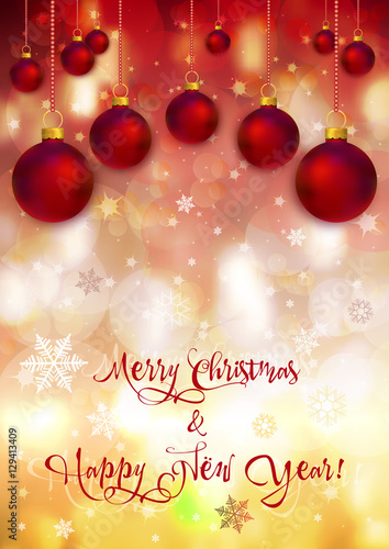 Holiday card with red christmas balls for greeting with New Year and Christmas on red yellow blurred background with bokeh, sparkles and snowflakes. Vector illustration