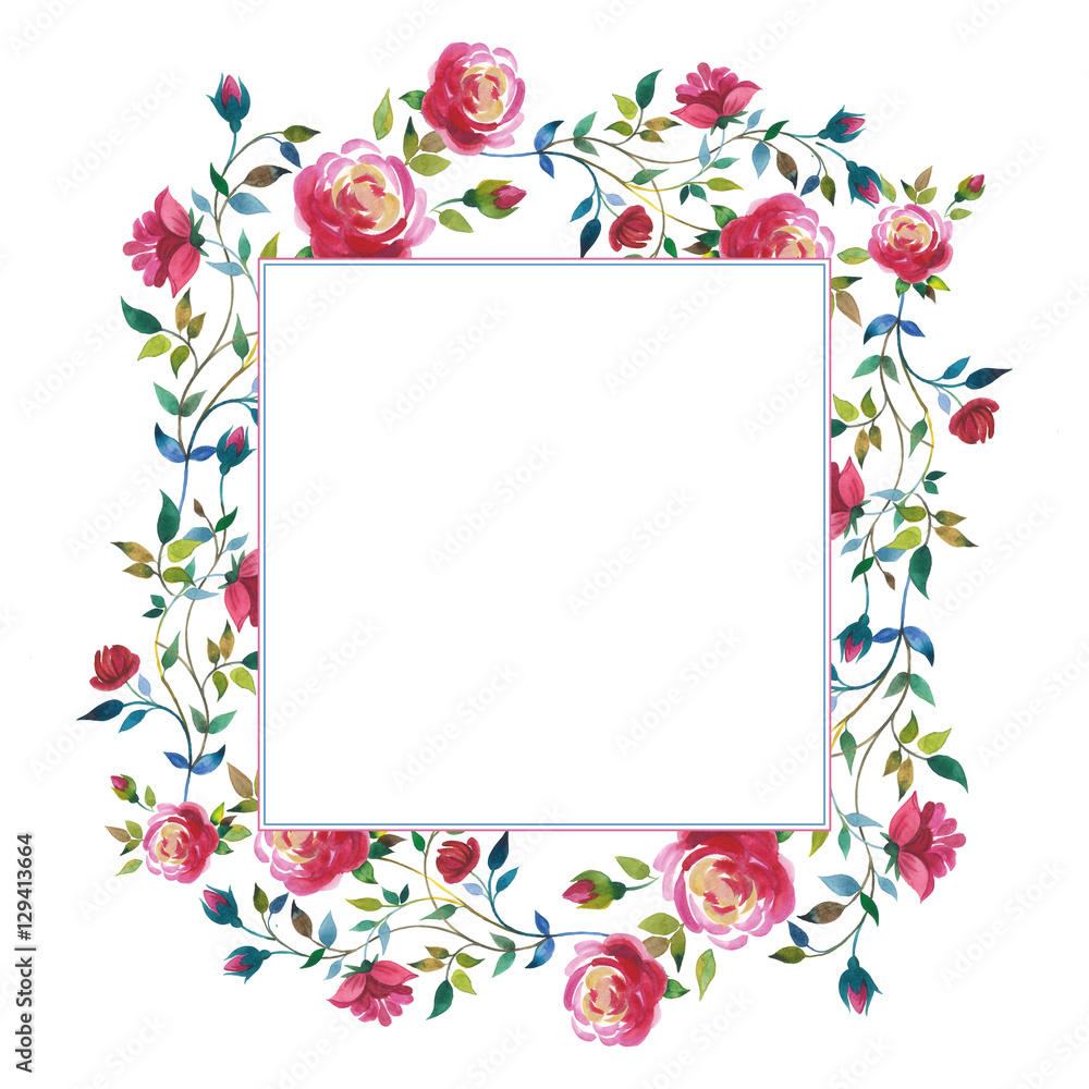 Obraz Wildflower róża kwiat rama w stylu przypominającym akwarele na białym tle.