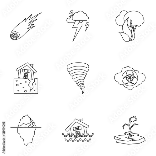Natural disasters icons set. Outline illustration of 9 natural disasters vector icons for web