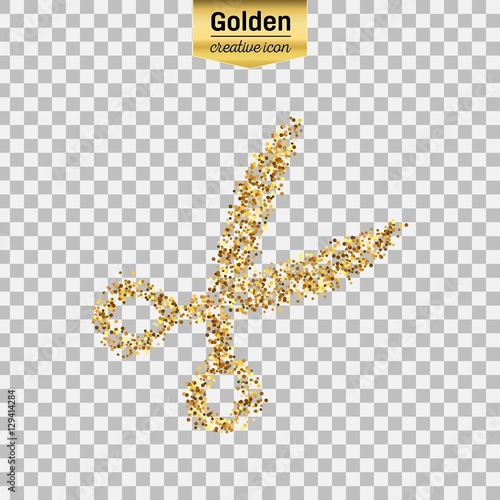 Gold glitter vector icon of scissor isolated on background. Art creative concept illustration for web, glow light confetti, bright sequins, sparkle tinsel, abstract bling, shimmer dust, foil.
