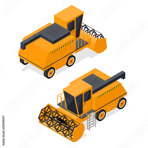 Combine Harvester Set Isometric View. Vector