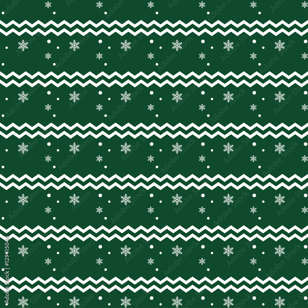 Christmas snowflake pattern and zigzag lines on green background Christmas snowflake pattern and zigzag lines on green background