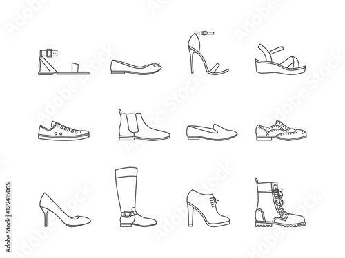 Woman Shoes Thin Line Set. Vector