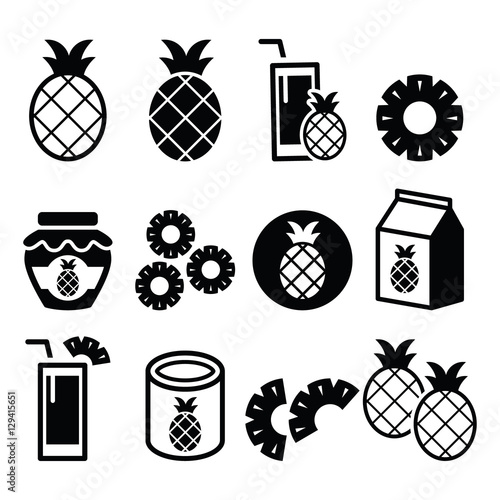 Pineapple fruit, pineapple slices, juice vector icons set 
