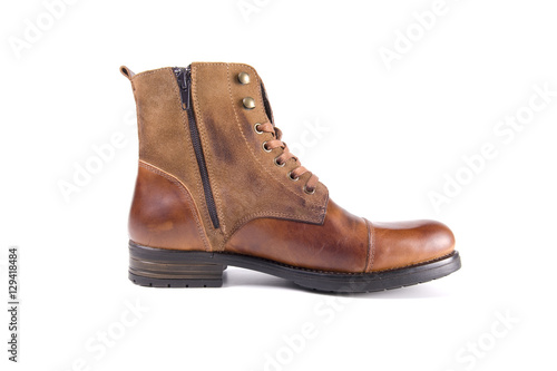 male boots brown leather on white background, isolated product, top view © GeorgeVieiraSilva
