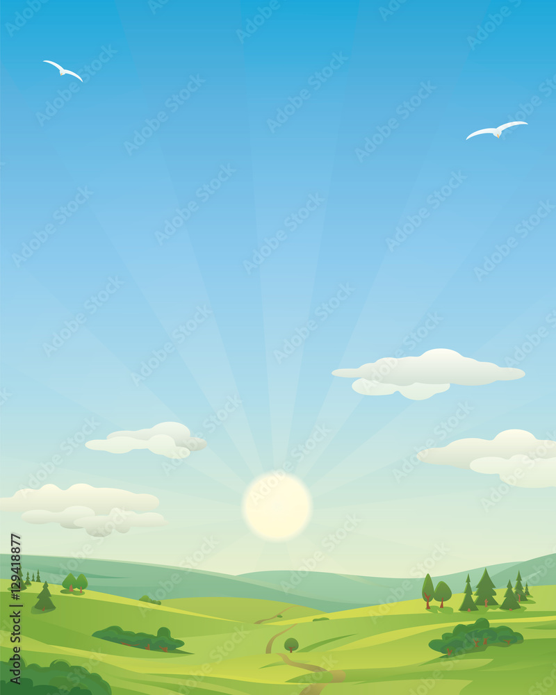 Sunrise over Idyllic landscape illustration