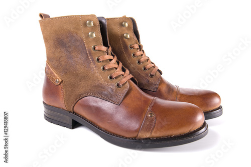 male boots brown leather on white background, isolated product, top view