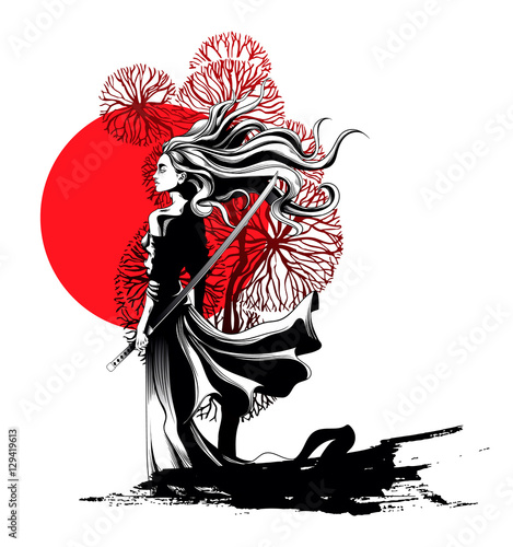 girl samurai standing with sword in hand, a strong wind ruffling
