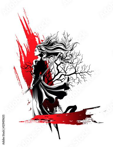 girl samurai standing with sword in hand, a strong wind ruffling
