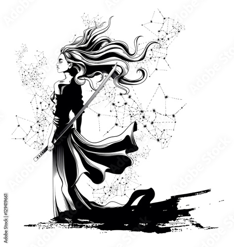 girl samurai standing with sword in hand, a strong wind ruffling