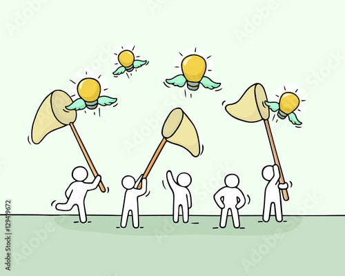 Sketch of working little people with flying lamp ideas.