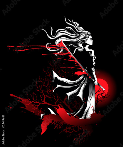 girl samurai standing with sword in hand, a strong wind ruffling