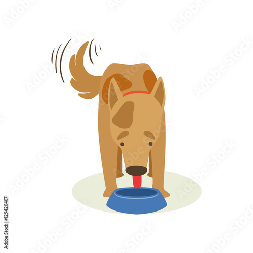 Brown Pet Dog Eating Dog Food, Animal Emotion Cartoon Illustration
