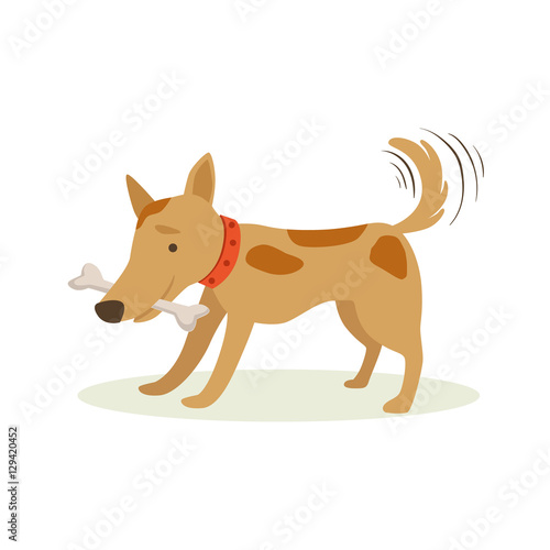 Brown Pet Dog Carrying Bone In Teeth, Animal Emotion Cartoon Illustration
