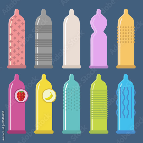 Vector Set of Condom Icons. Types of Condoms.