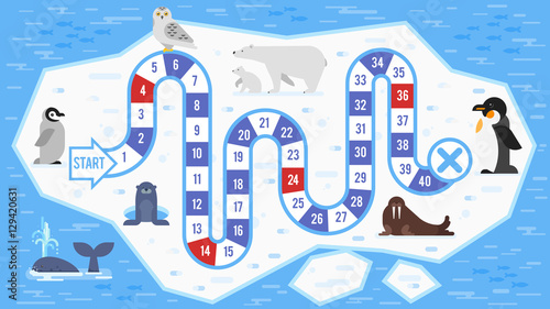 Vector flat style illustration of kids arctic animals board game 