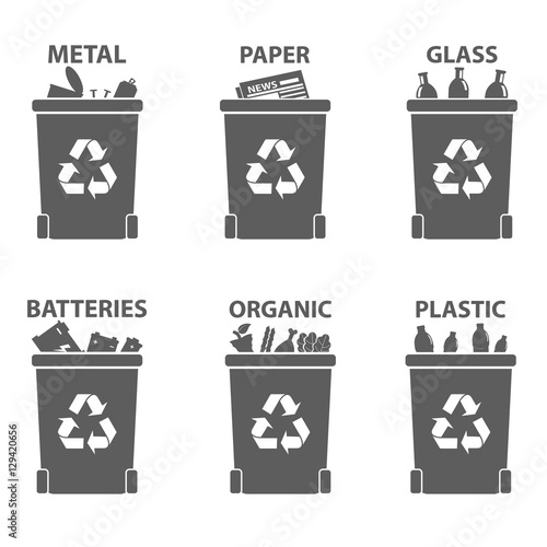 Different recycle waste bins vector illustration, Waste types segregation recycling. Organic, batteries, metal plastic, paper, glass waste.