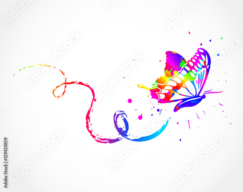 Rainbow with ink butterfly. Vector