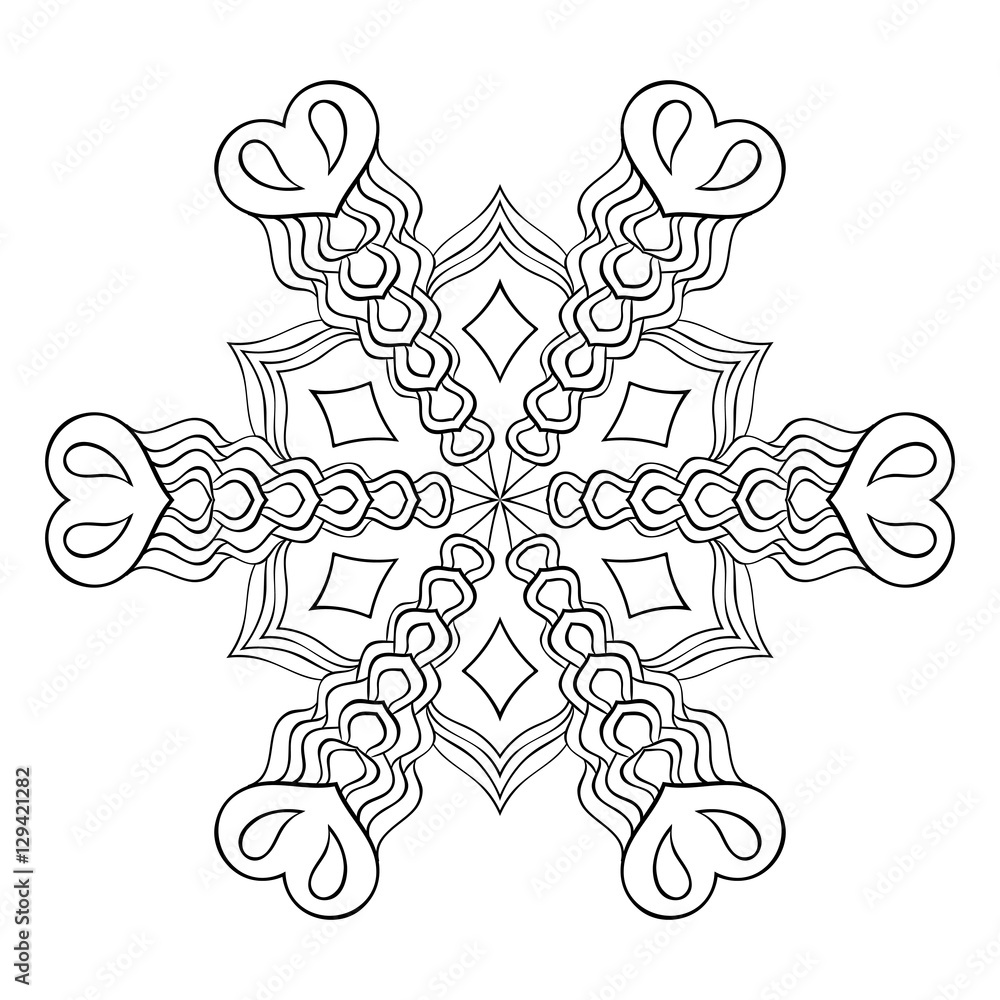 Zentangle elegant snow flake, mandala for adult coloring pages.
