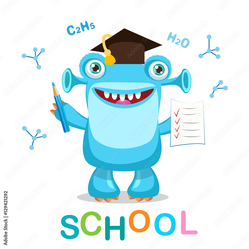 Funny Monster And Text Back To School On A White Background Vector  Illustrations. Education Theme. Cartoon Monster Mascot. Stock Vector |  Adobe Stock